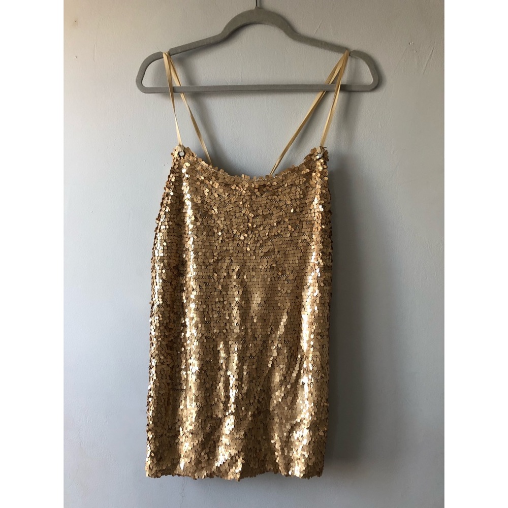 Gold Sequin Mini Evening Dress.